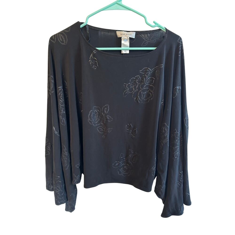 Nine West Floral Embelished Black Blouse Large